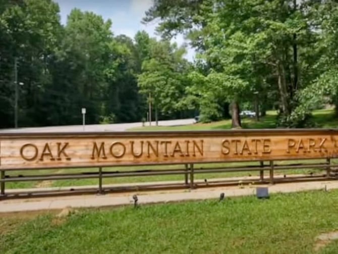 Oak Mountain State Park entrance sign in Pelham, Alabama